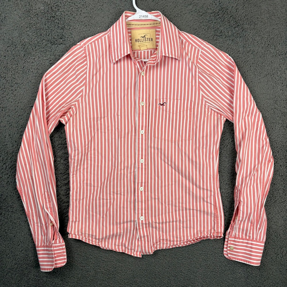 Hollister Mens Long Sleeve Button Down Shirt Pink White Striped Slim Fit Medium